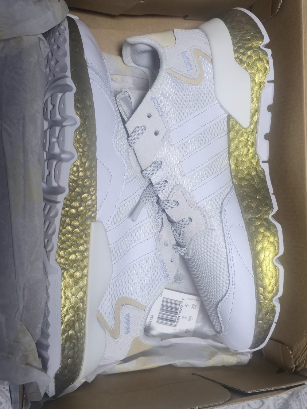 Rare adidas Nite Jogger White Sneakers with Gold Midsole Accent New